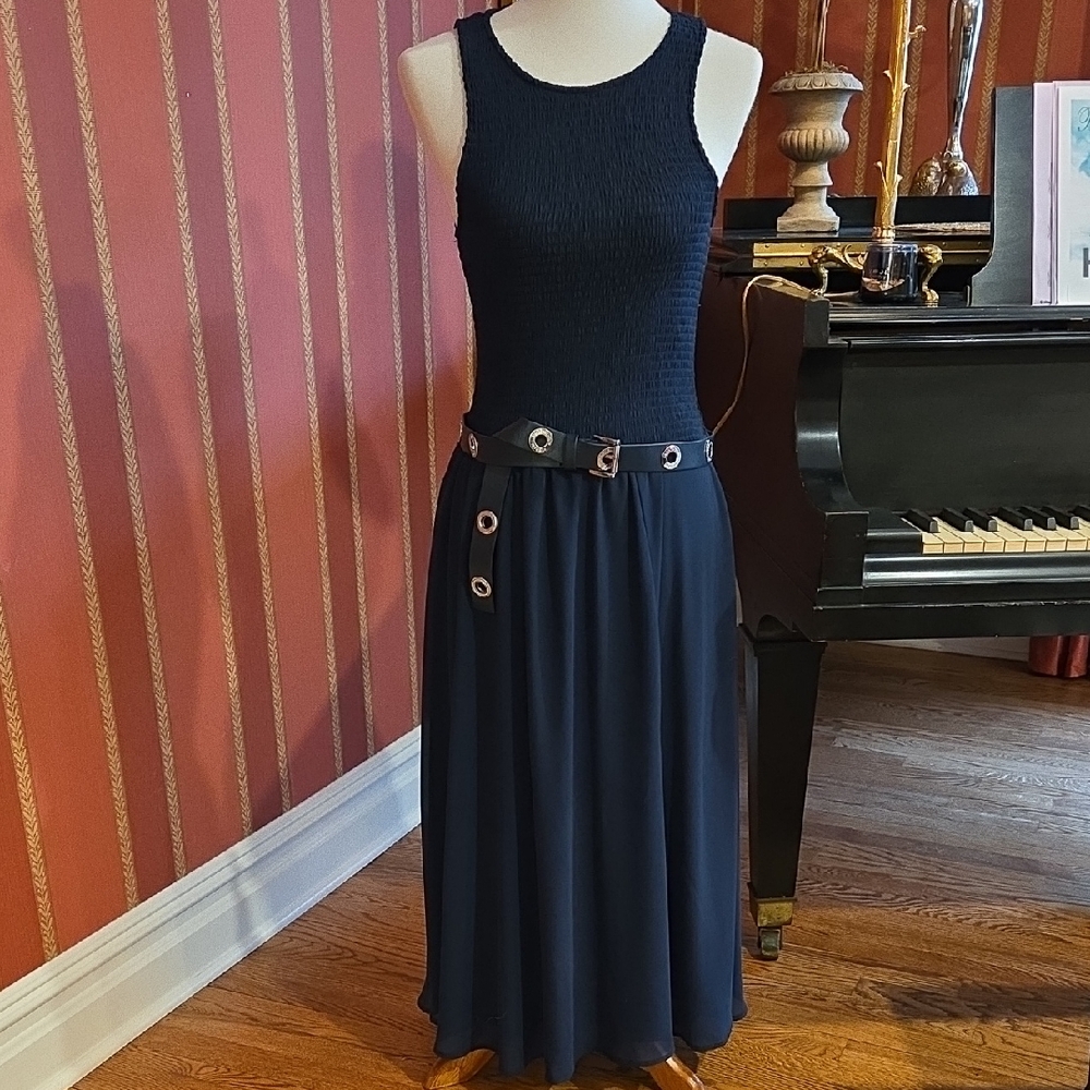 Navy Midi Dress with Belt